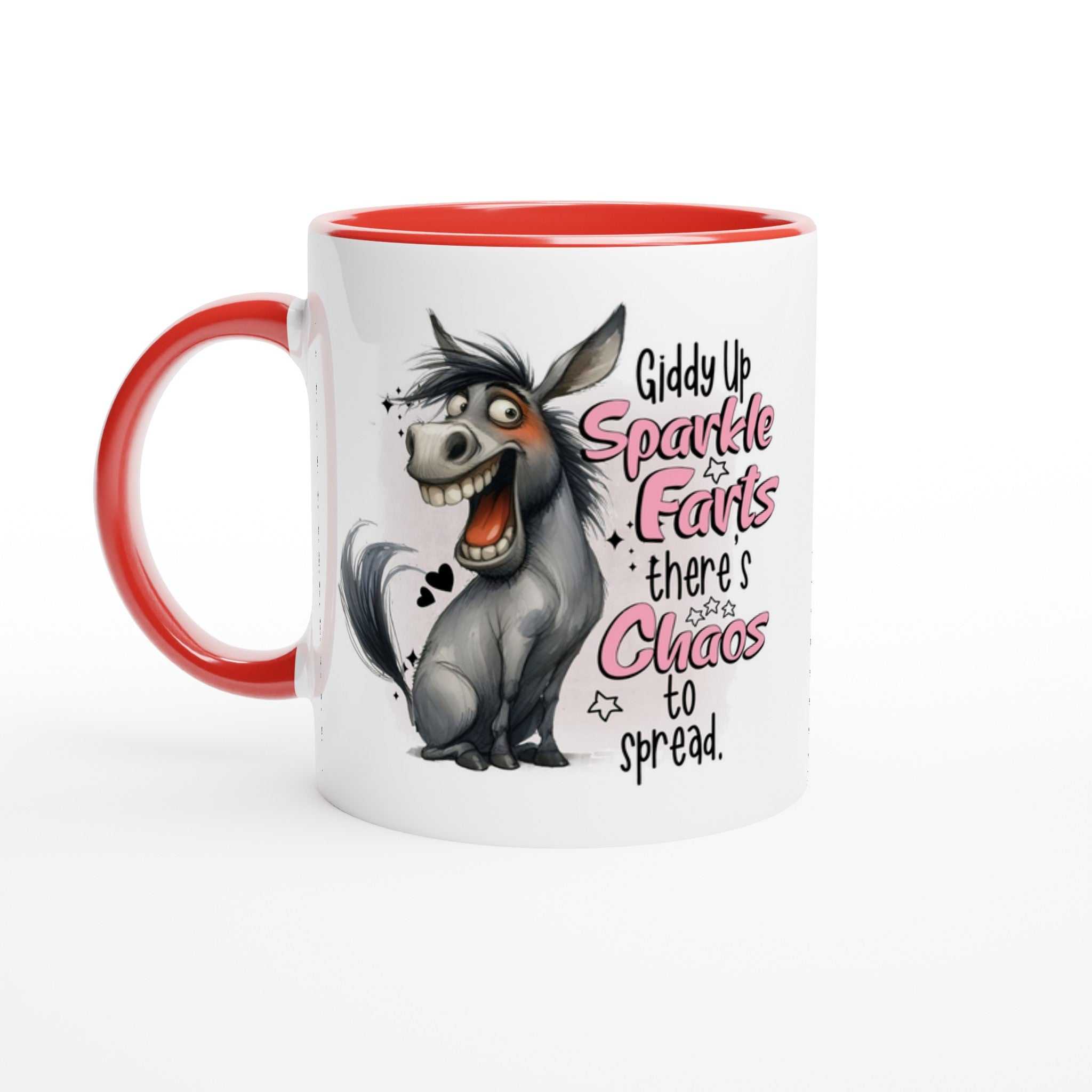 Giddy Up Sparkle Farts Quirky Ceramic Mug with fun design, 11oz capacity, red rim and handle.