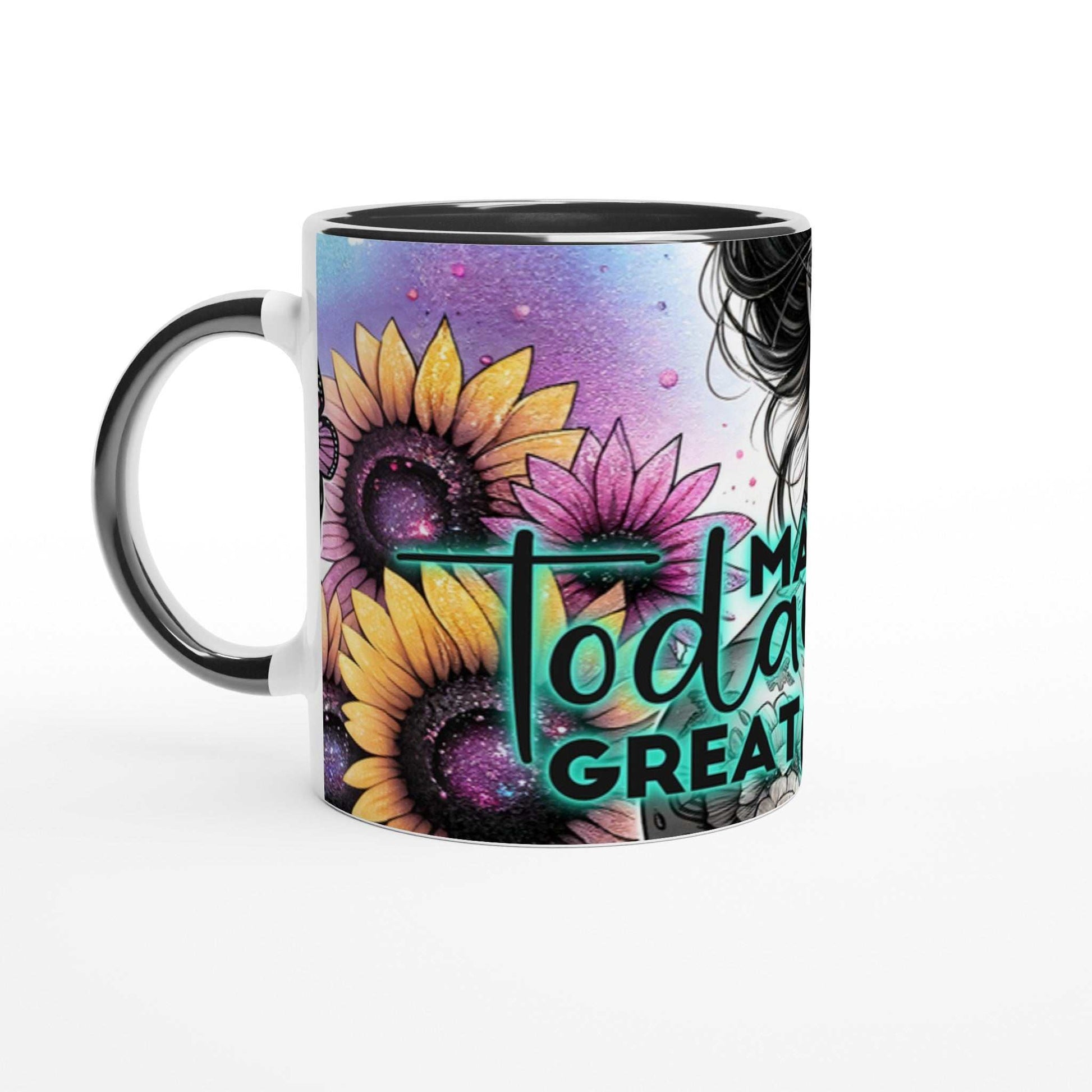 Make Today Great motivational coffee mug with colorful floral design.