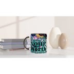 Know Your Worth motivational coffee mug with colorful floral design, 11oz ceramic, glossy finish, microwave and dishwasher safe.