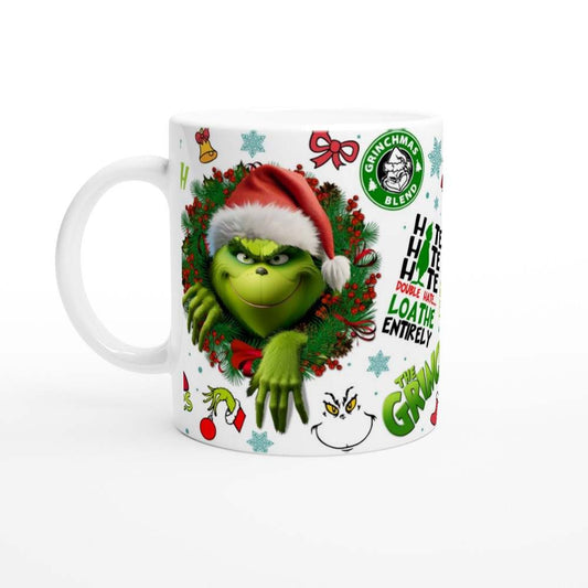 The Grinch Christmas Mug with red backdrop and festive design, 11oz ceramic, microwave and dishwasher safe.