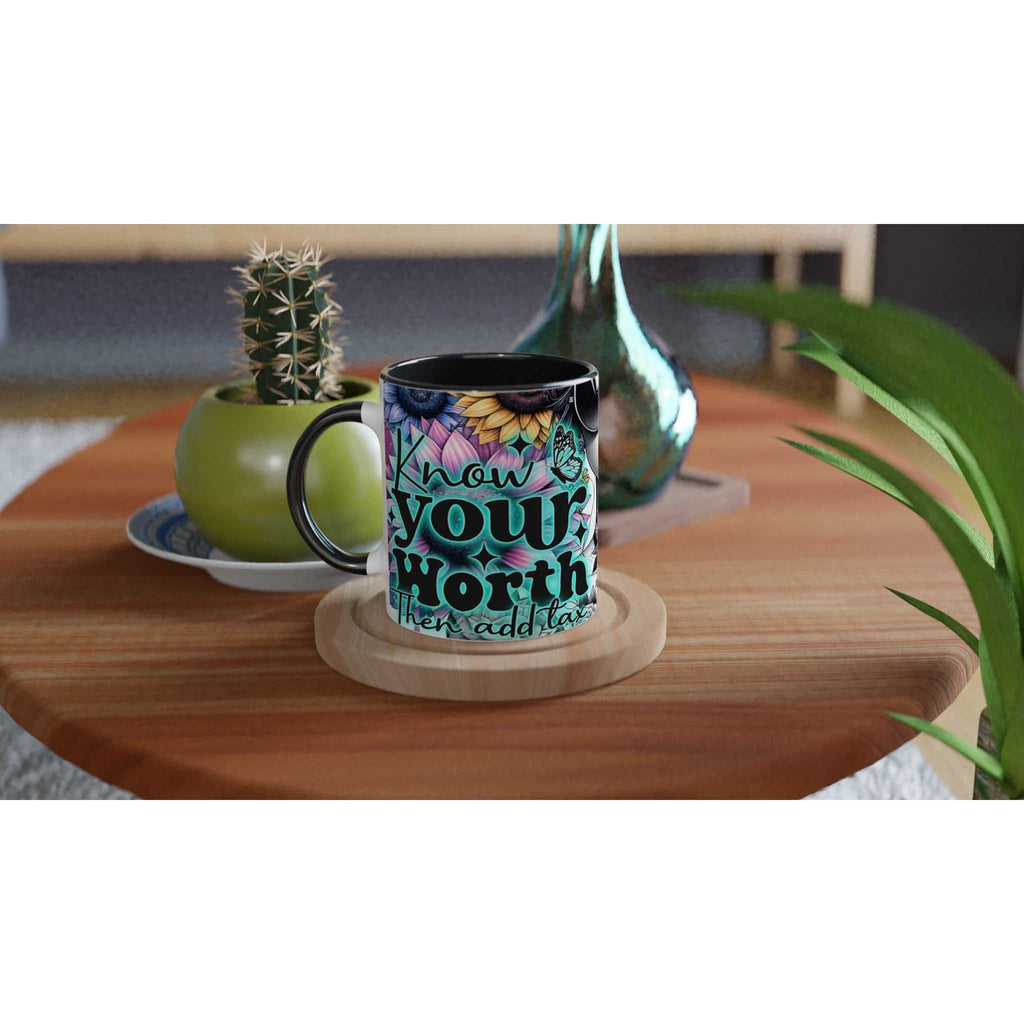 Know Your Worth - Motivational Coffee Mug with vibrant design on a wooden table, featuring colored rim and handle.