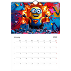 2026 Minions Superhero Wall calendar with colorful superhero Minion illustration and monthly date grid