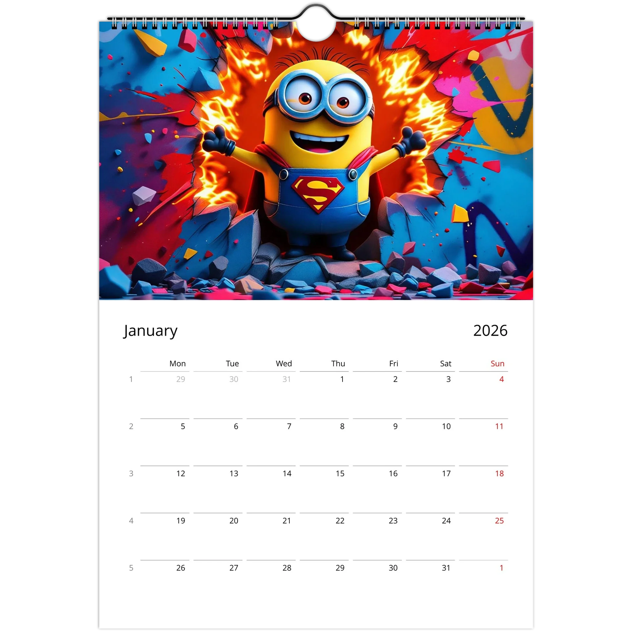 2026 Minions Superhero Wall calendar with colorful superhero Minion illustration and monthly date grid