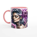 Not Enough Sage motivational coffee mug with colorful design, 11oz ceramic, pink rim and handle, inspirational quote, glossy finish.