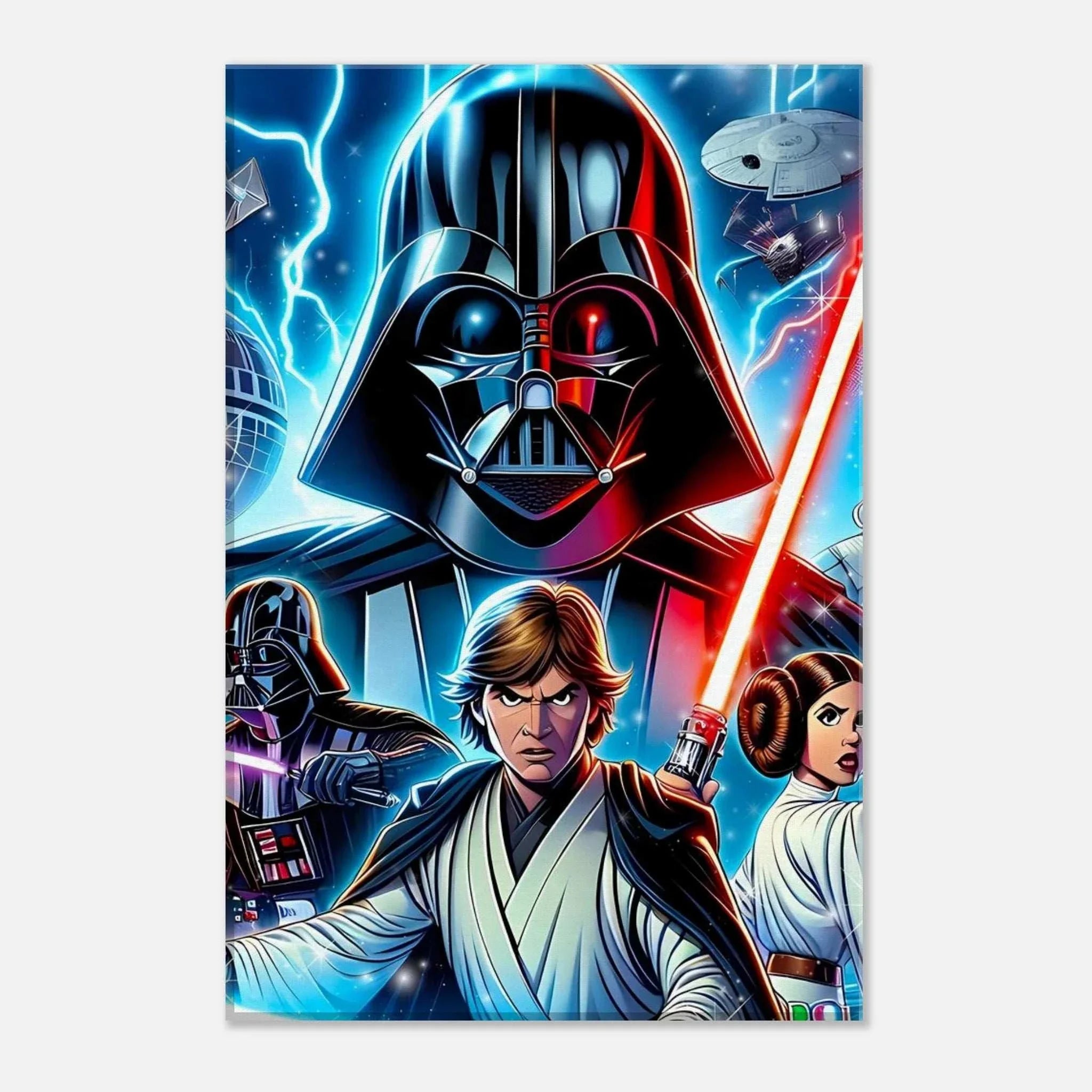 Star Wars wall canvas featuring iconic characters and vibrant scenes in bold colors.