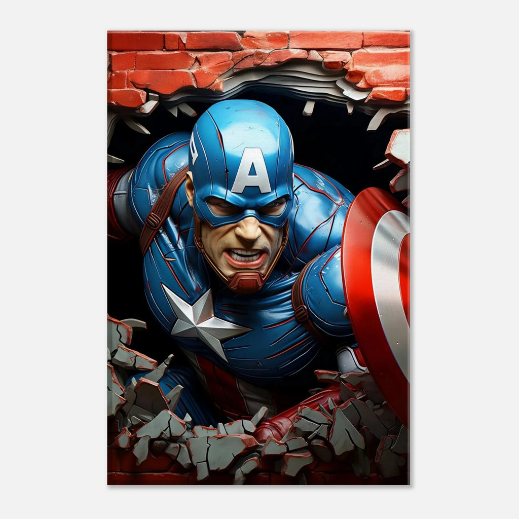 Captain America wall canvas with bold dynamic artwork, featuring superhero breaking through wall.