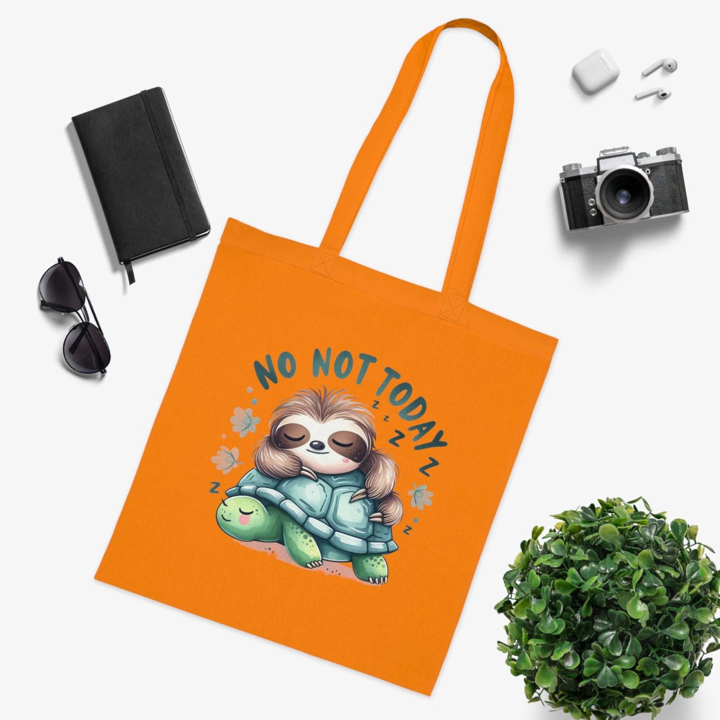 Cotton tote bag with cute sloth design, vibrant colors, and "No Not Today" text, perfect for carrying essentials.