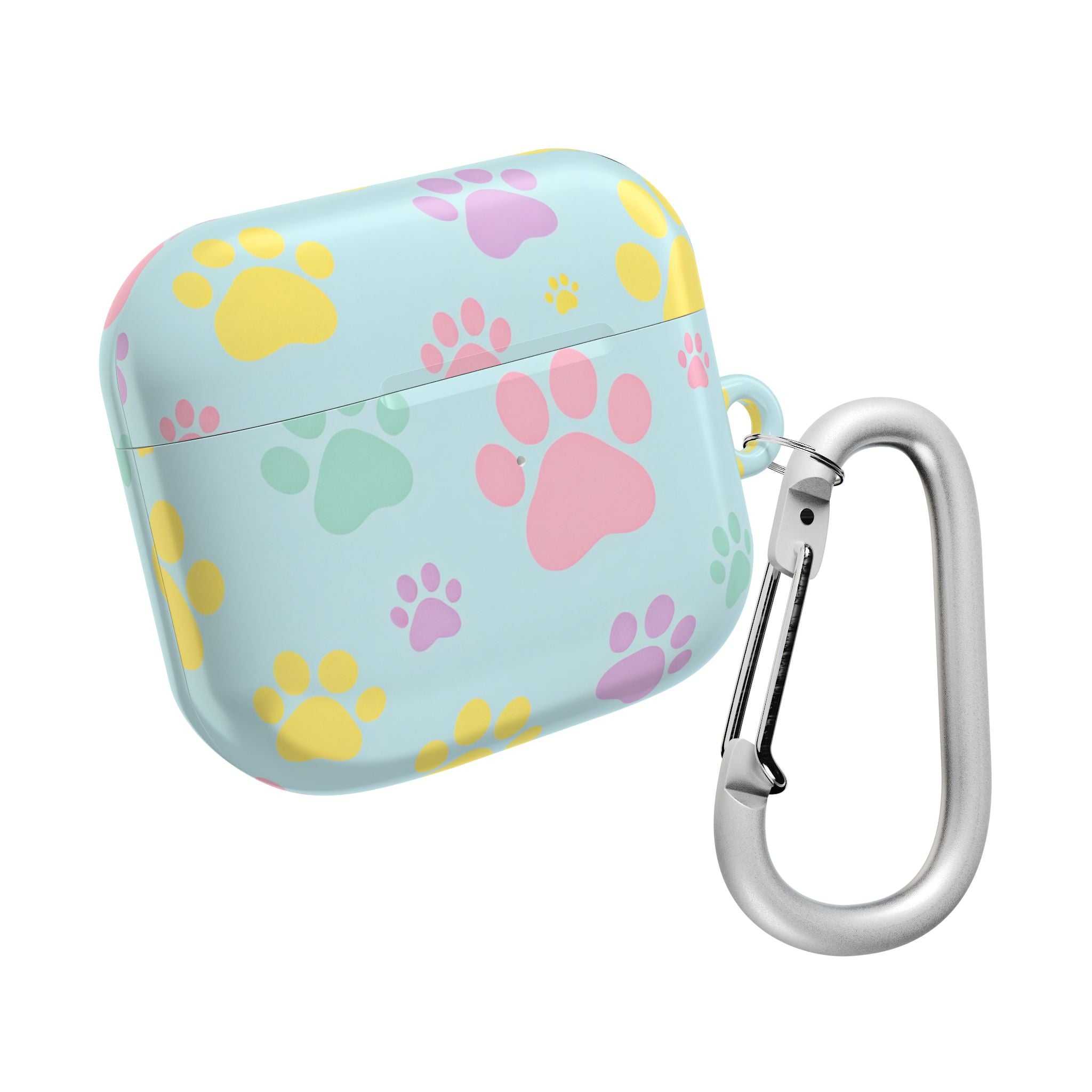 Pastel doggy paw AirPods Pro case with colorful paw prints and carabiner clip