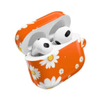 Orange Daises AirPods protective hard shell case with daisy print, compatible with AirPods and AirPods Pro.