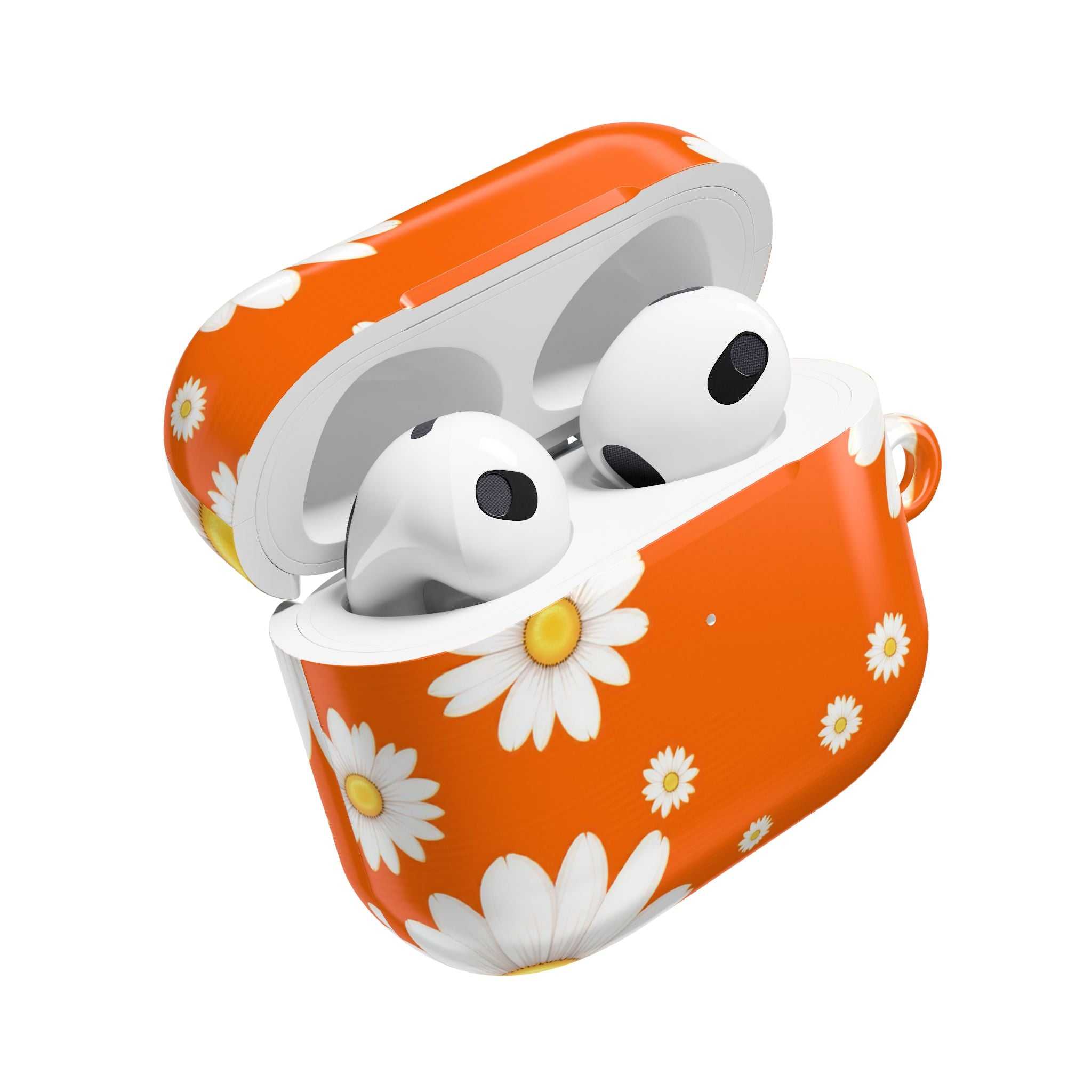 Orange Daises AirPods protective hard shell case with daisy print, compatible with AirPods and AirPods Pro.