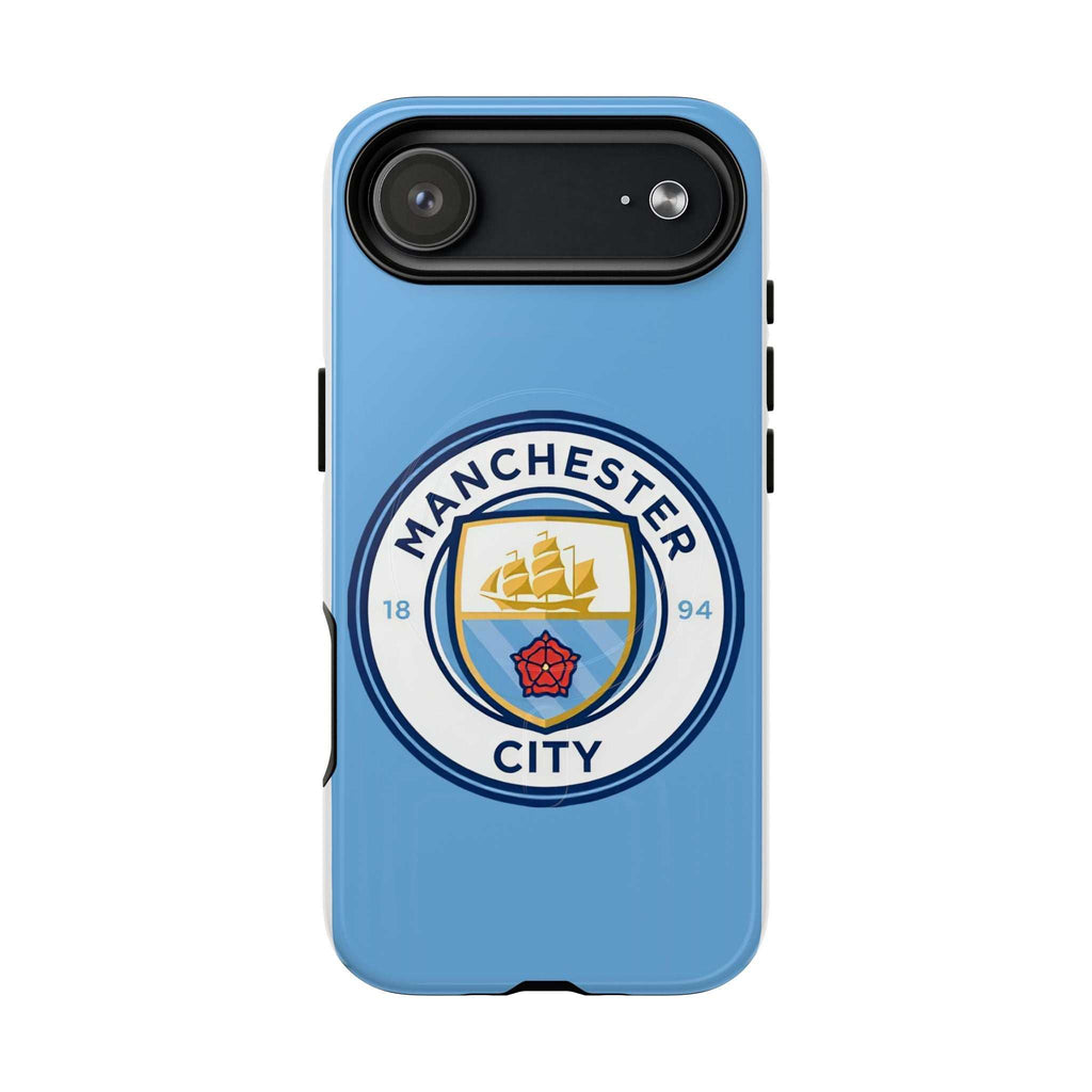 Manchester City MagSafe iPhone case in sky blue with club logo, dual-layer protective design, and MagSafe compatibility