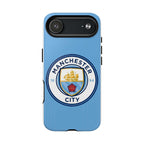 Manchester City MagSafe iPhone case in sky blue with club logo, dual-layer protective design, and MagSafe compatibility