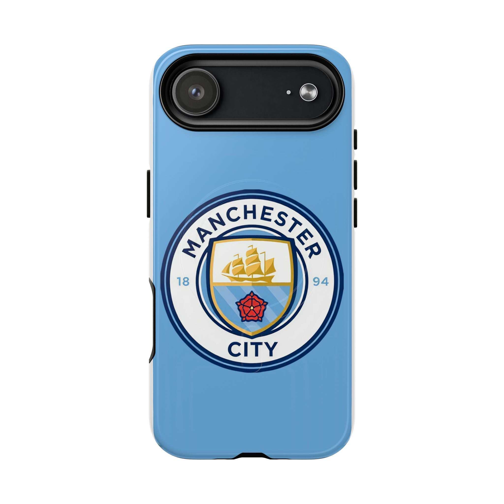 Manchester City MagSafe iPhone case in sky blue with club logo, dual-layer protective design, and MagSafe compatibility