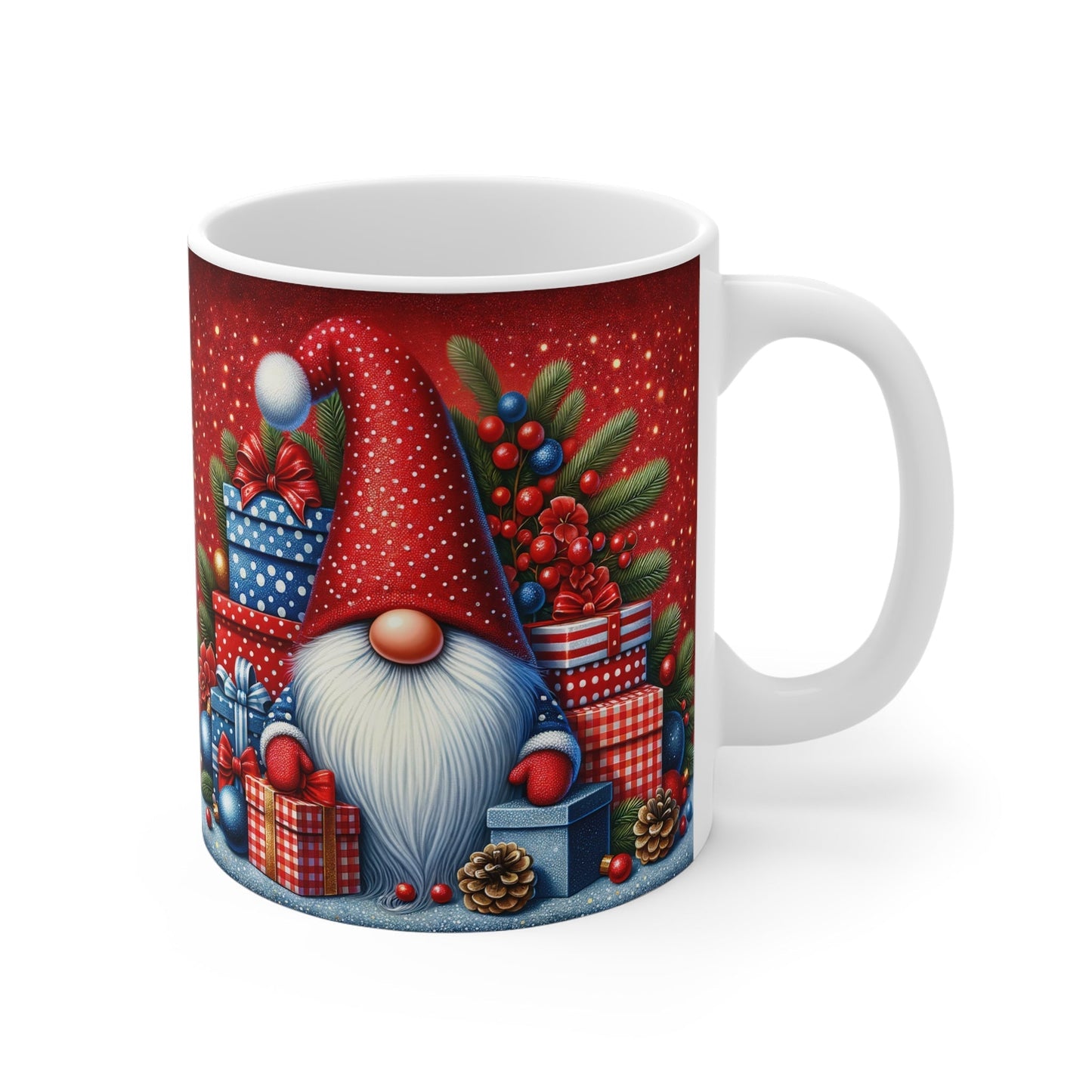 Christmas gnome mug with festive gifts and pinecones design, perfect for holiday drinks.