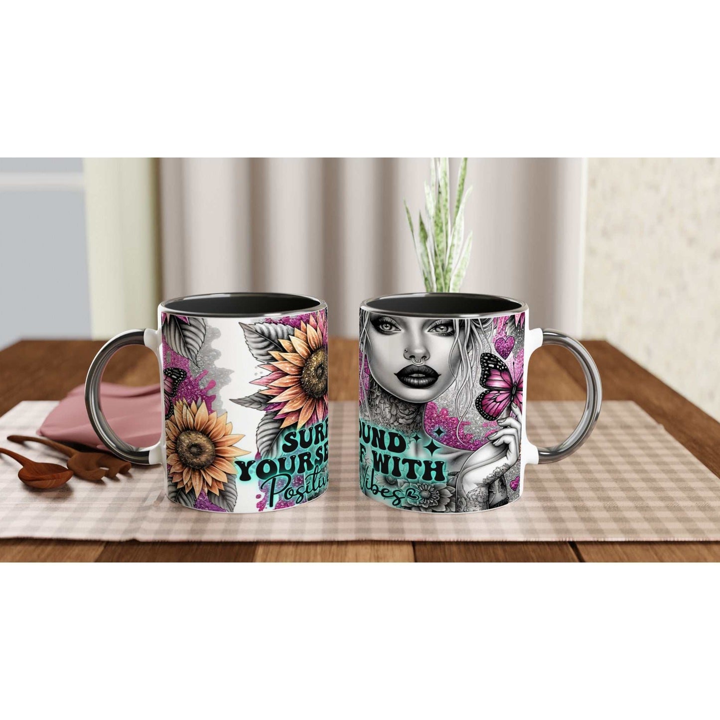 Positive Vibes motivational coffee mug with floral design and inspirational quote