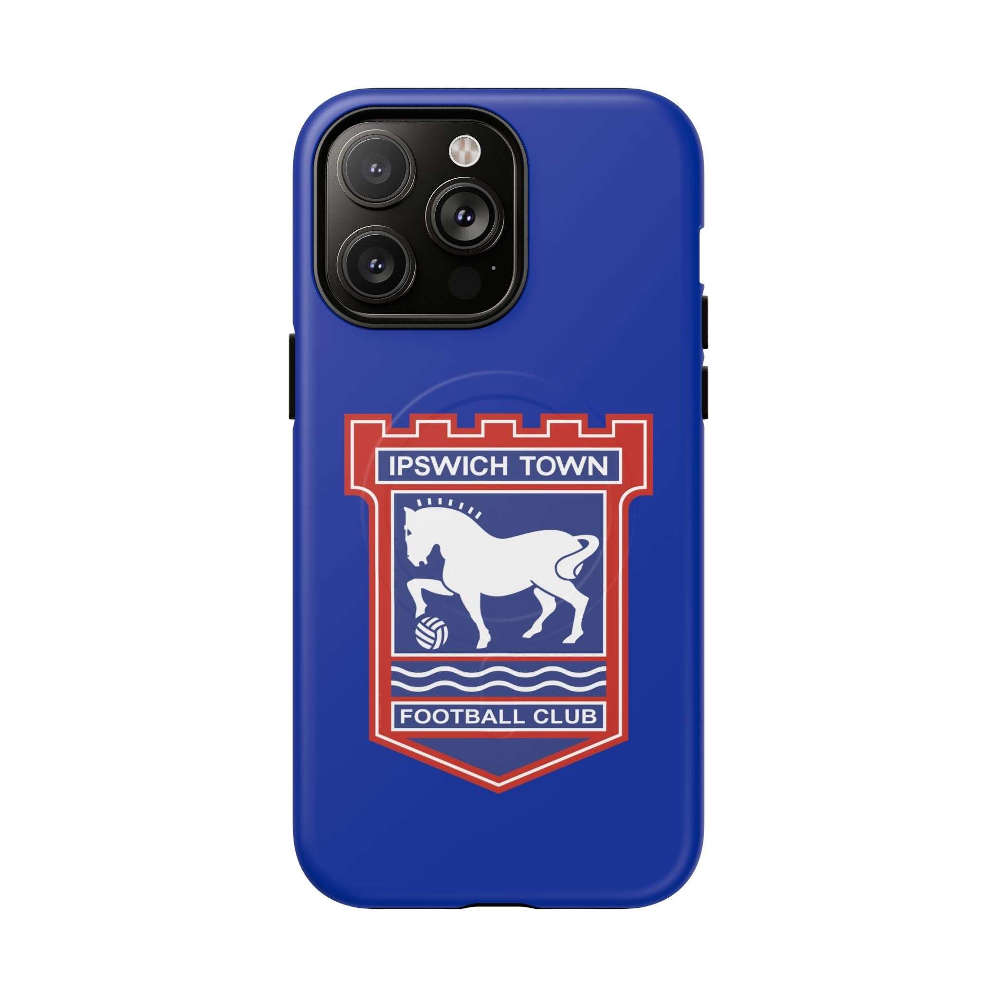 Ipswich Town MagSafe iPhone case with blue design and club crest, dual-layer protection, and wireless charging compatibility