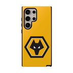 Wolves FC magnetic Samsung case in gold and black with club crest, dual-layer protection, and wireless charging compatibility