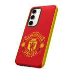 Manchester United magnetic Samsung phone case with red official-style crest, dual layer protection, and wireless charging compatibility