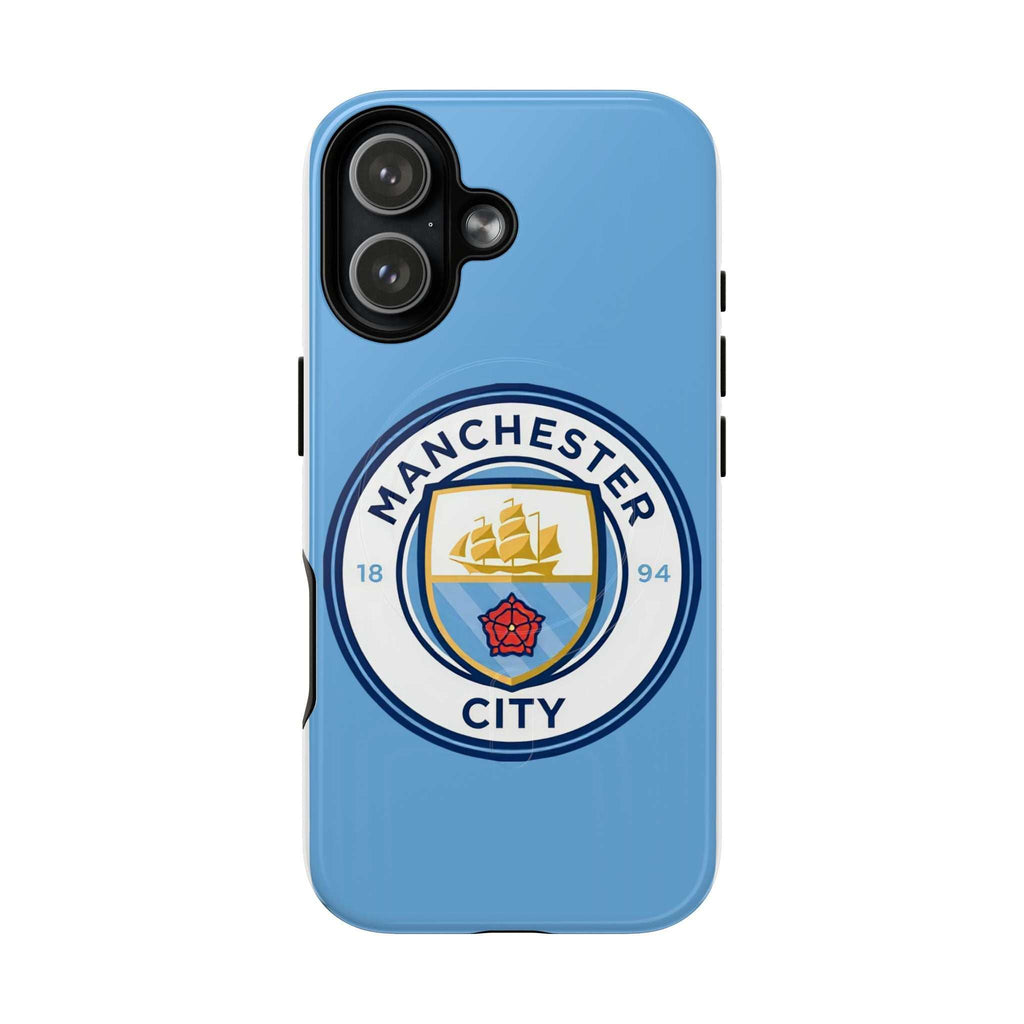 Manchester City MagSafe iPhone case with sky blue color and official-inspired logo, dual layer protection, and MagSafe compatibility.