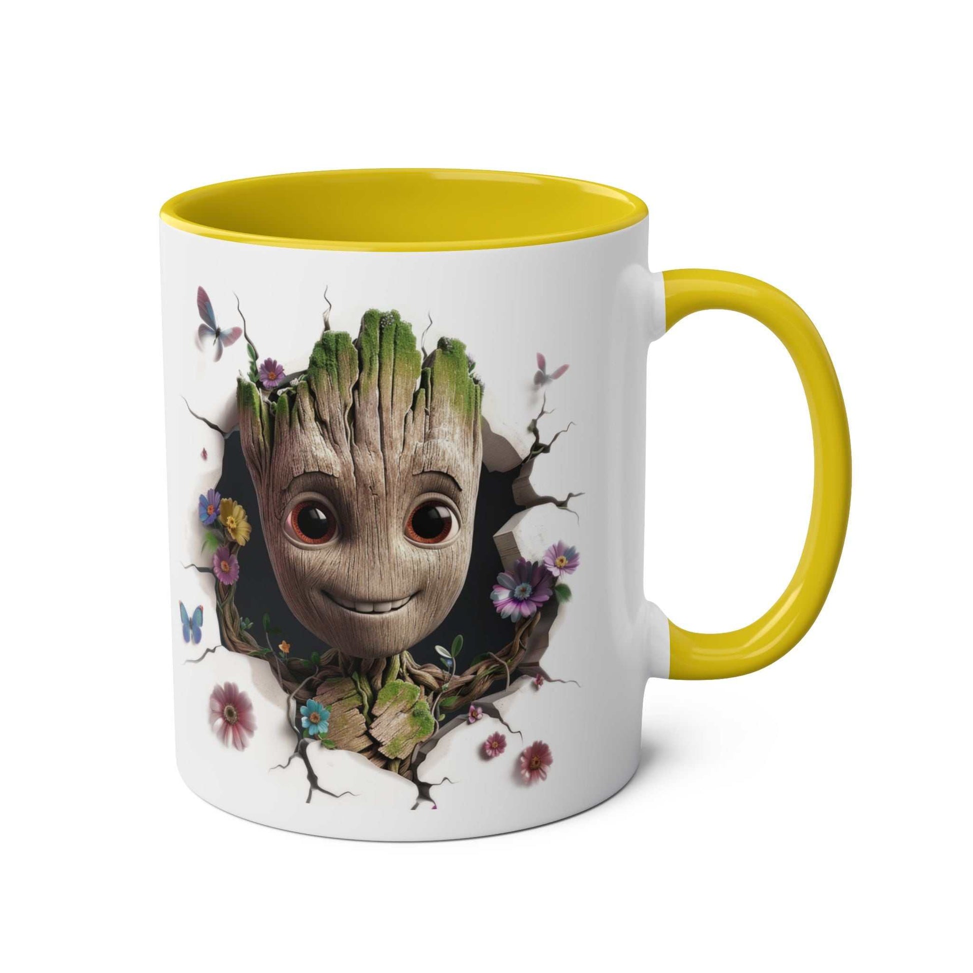 Baby Groot inspired coffee mug with playful design, glossy finish, and yellow interior.