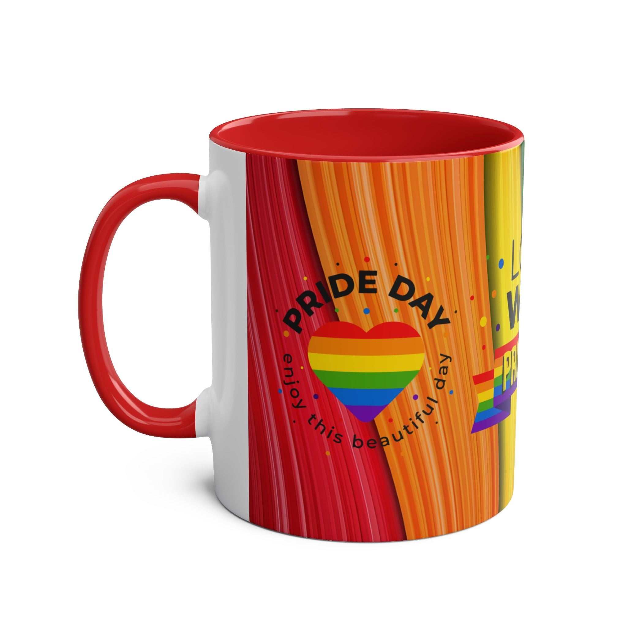 LGBTQ+ Pride Mug with rainbow design, ceramic, 11oz, glossy finish, available in seven colors.