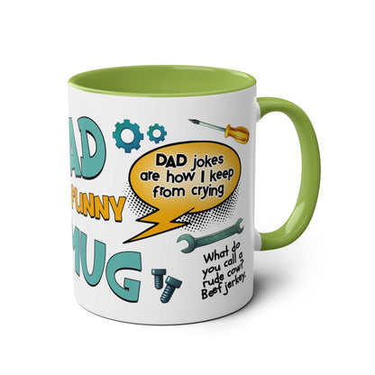Fun Fathers Day Gift Mug with humorous dad jokes, green handle, perfect Fathers Day gift, ceramic, 11oz, dishwasher and microwave safe.