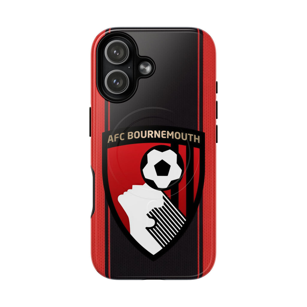 AFC Bournemouth MagSafe iPhone case with red and black stripes and club crest, dual-layer protection, and MagSafe compatibility