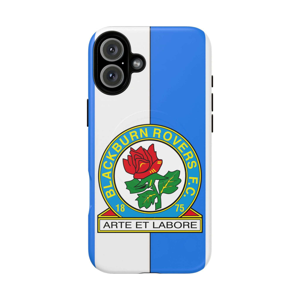 Blackburn Rovers MagSafe iPhone case with blue and white colors and club crest, durable dual-layer protection, MagSafe compatible.
