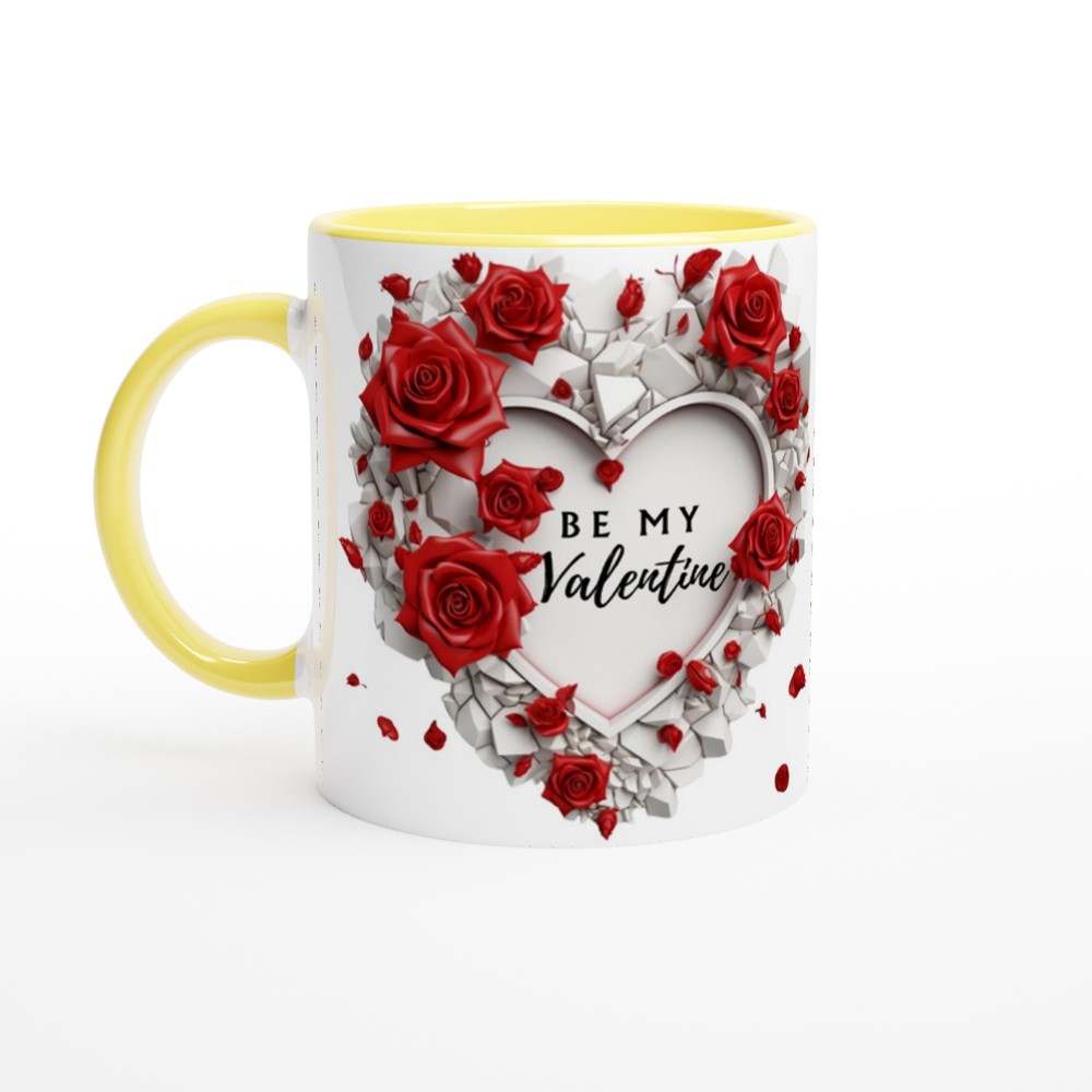 Stunning Valentine's Day mug with vibrant red rose design and "Be My Valentine" text, yellow rim.