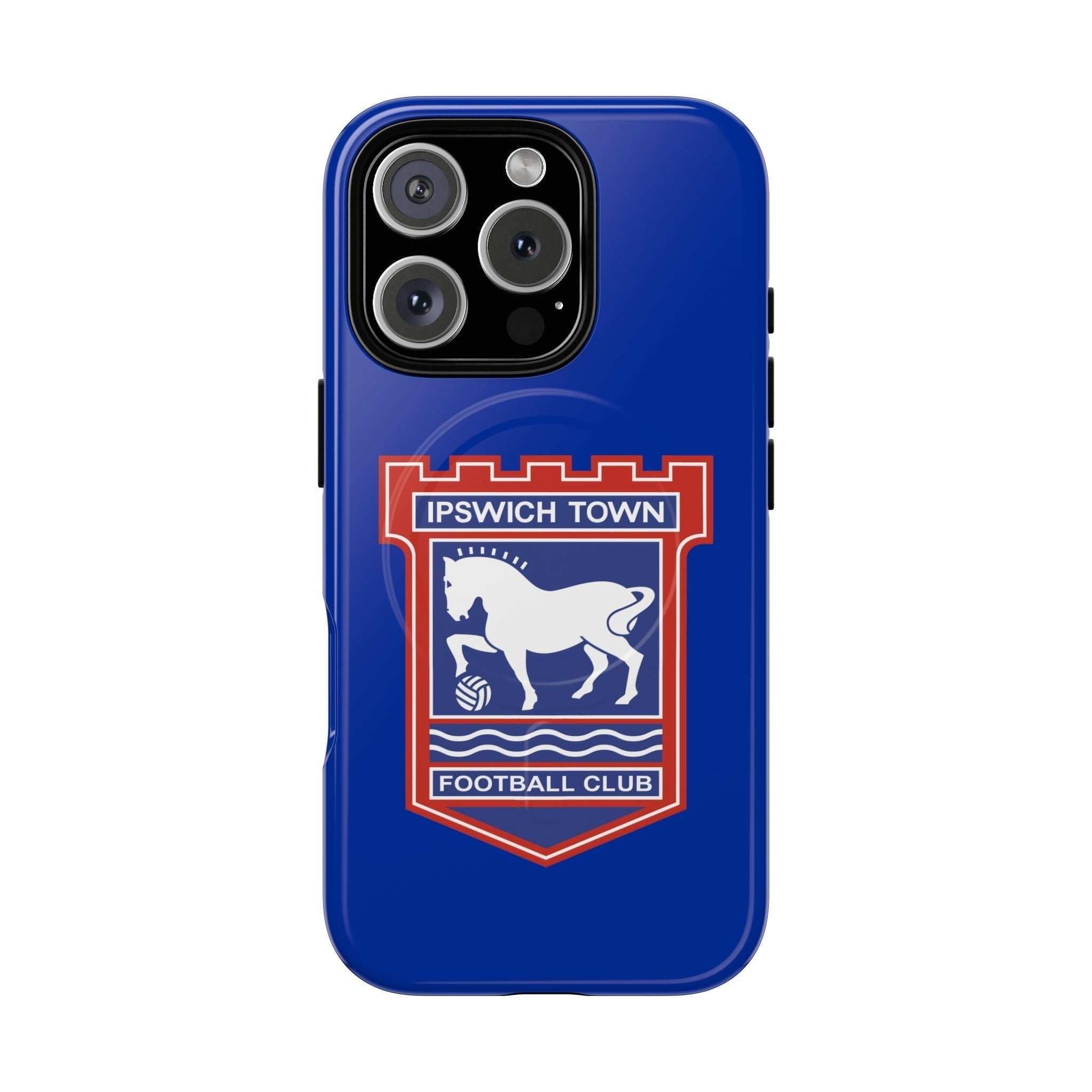 Ipswich Town MagSafe iPhone case with blue team crest, dual-layer protection, and wireless charging compatible