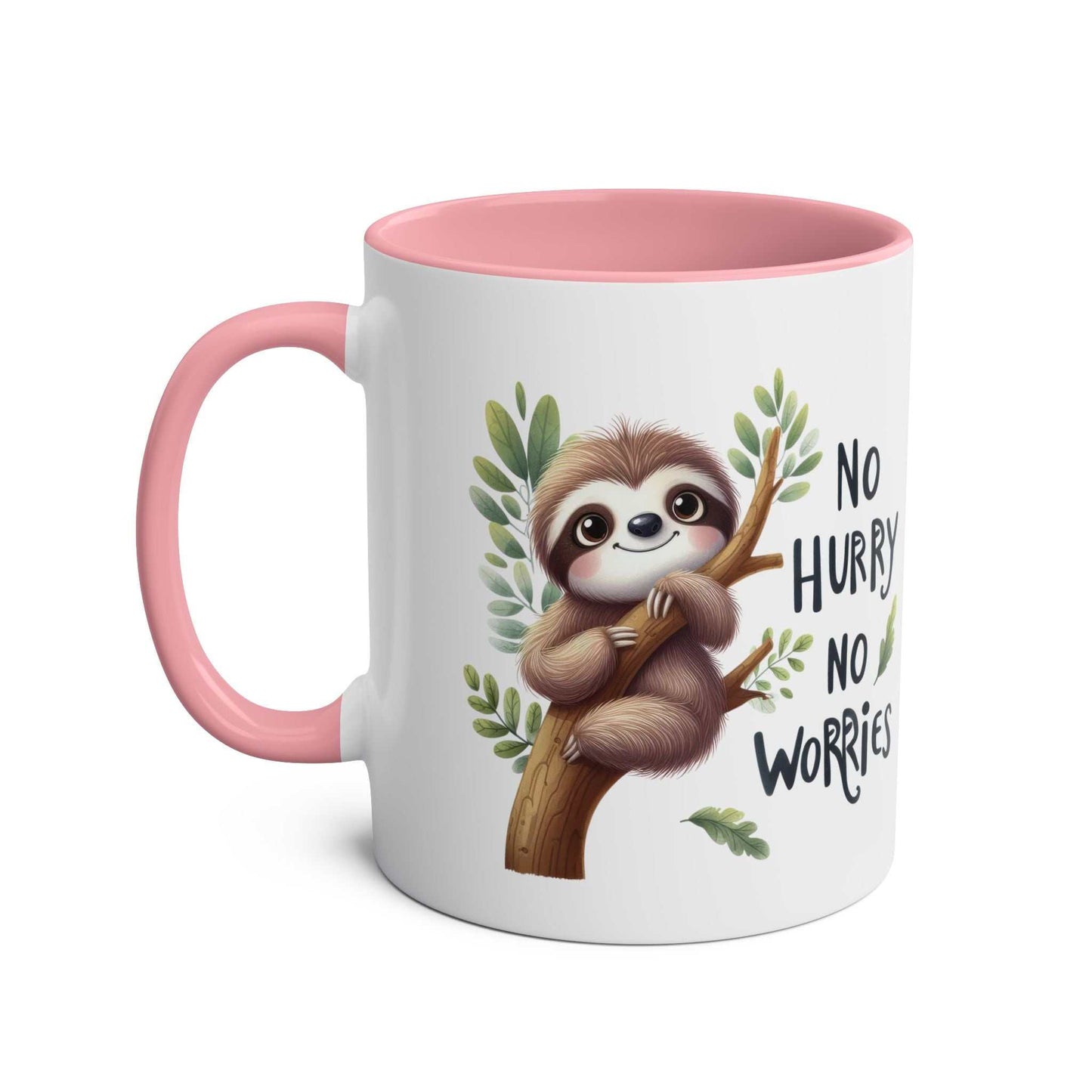 Cute sloth coffee mug with a pink handle and interior, featuring a sloth design with text 'No Hurry No Worries'.