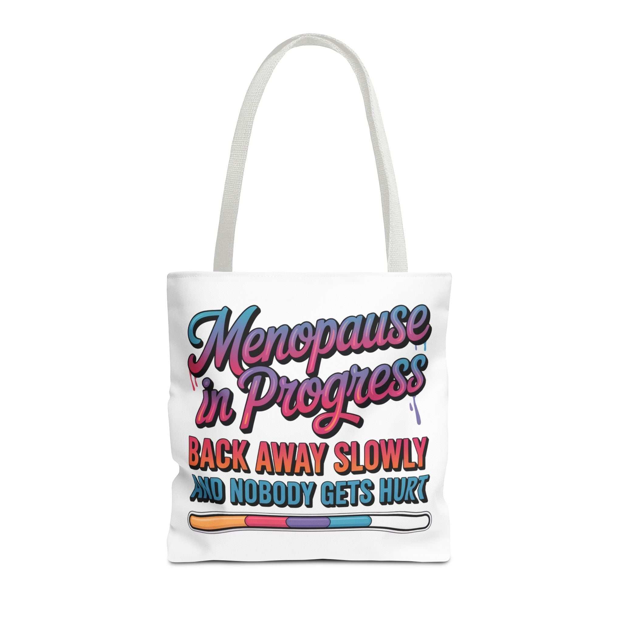 Menopause in Progress tote bag with cheeky design, durable spun polyester, multiple sizes and handle colors
