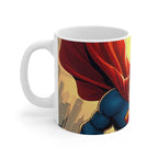 White ceramic Superman themed coffee mug with superhero cape design and glossy finish, 11oz size, microwave and dishwasher safe