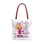 Cheeky menopause humour tote bag in multiple sizes with colorful handles, durable and lightweight for daily use