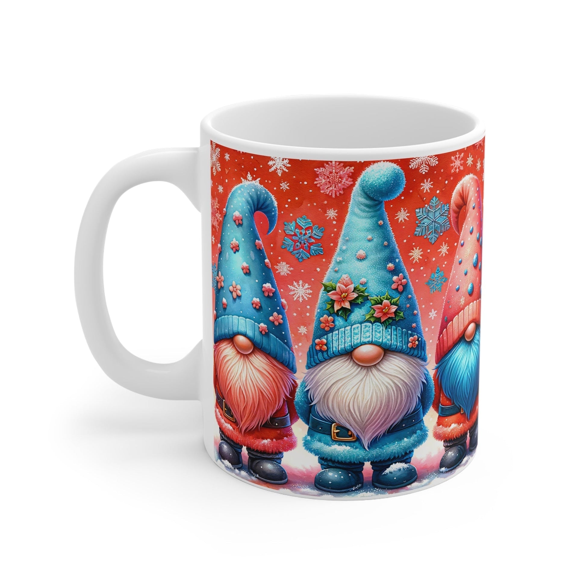 Christmas gnome mug with festive design, 11oz ceramic, glossy finish.