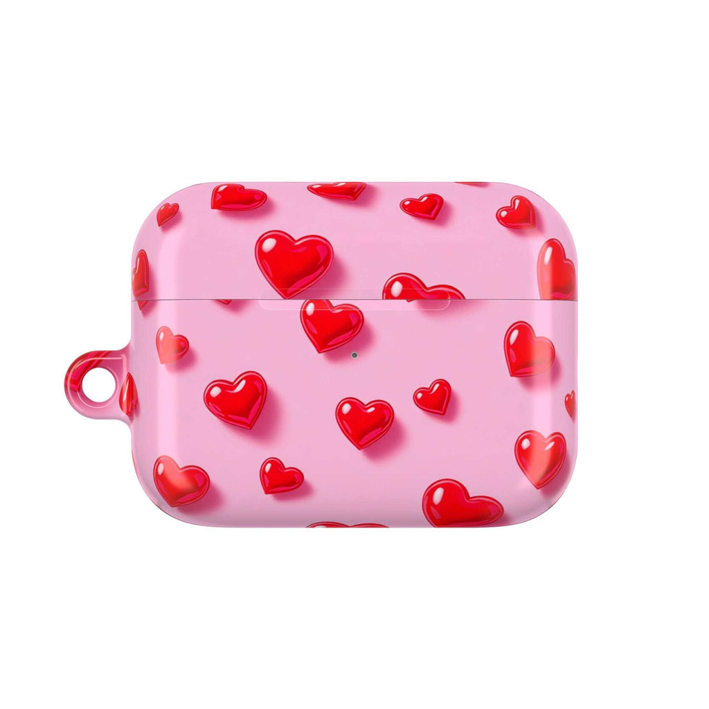 Pink Hearts AirPods protective hard shell case with vibrant red hearts design and glossy finish