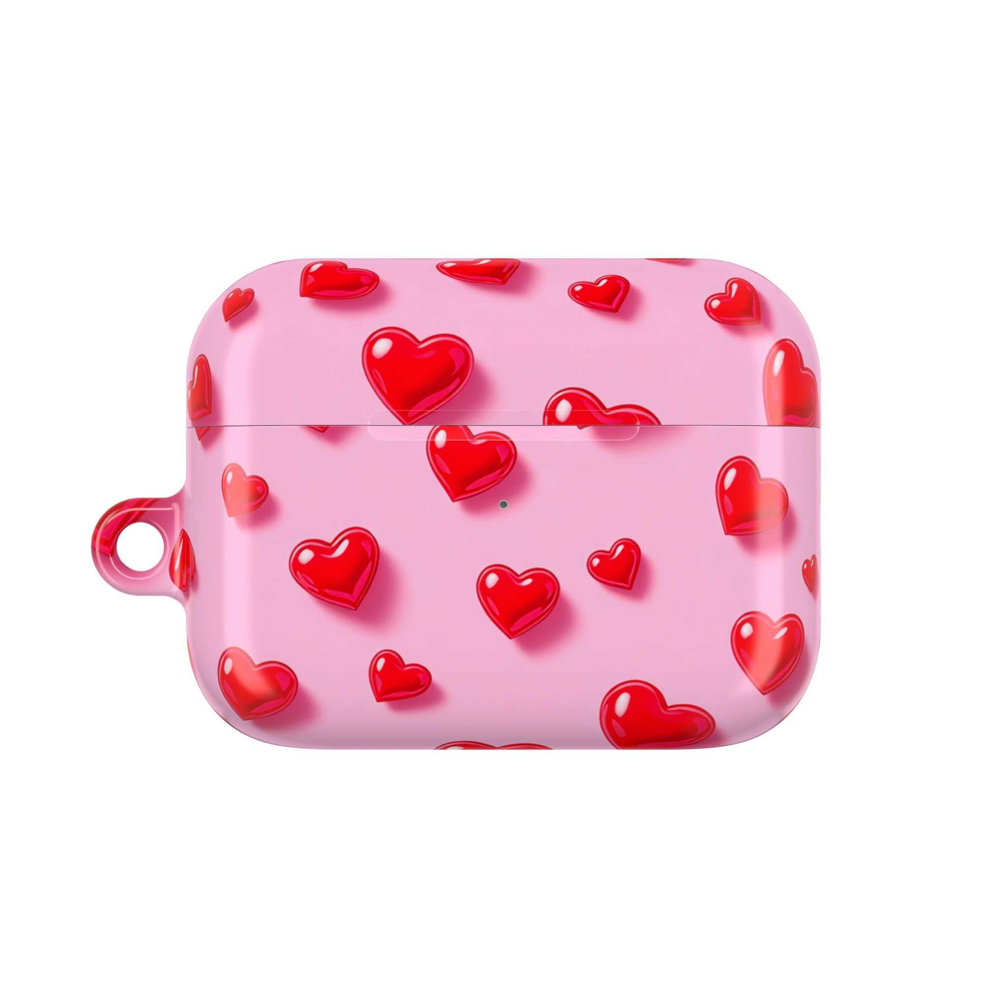 Pink Hearts AirPods protective hard shell case with vibrant red hearts design and glossy finish