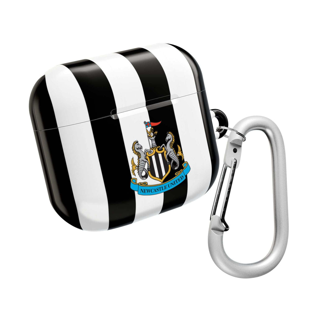 Newcastle Utd FC black and white striped AirPods Pro protective case with club crest and carabiner clip