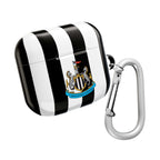 Newcastle Utd FC black and white striped AirPods Pro protective case with club crest and carabiner clip