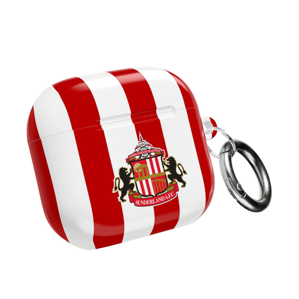 Sunderland FC AirPods protective case with red and white stripes and club crest, durable shock-resistant design with keychain.