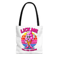 Lick Me Till Ice Cream Tote Bag with cheeky ice cream print and colorful handles, durable and reusable design