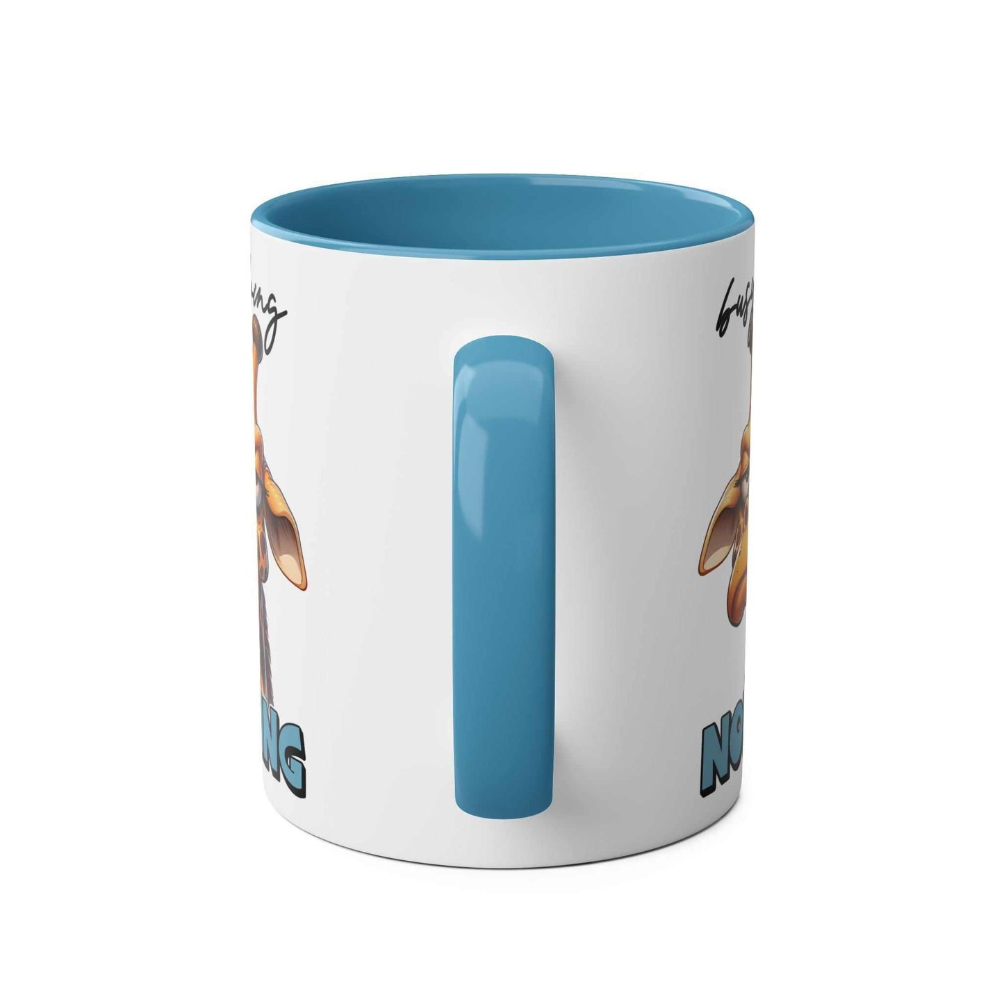 Busy Doing Nothing coffee mug with giraffe design and blue interior.