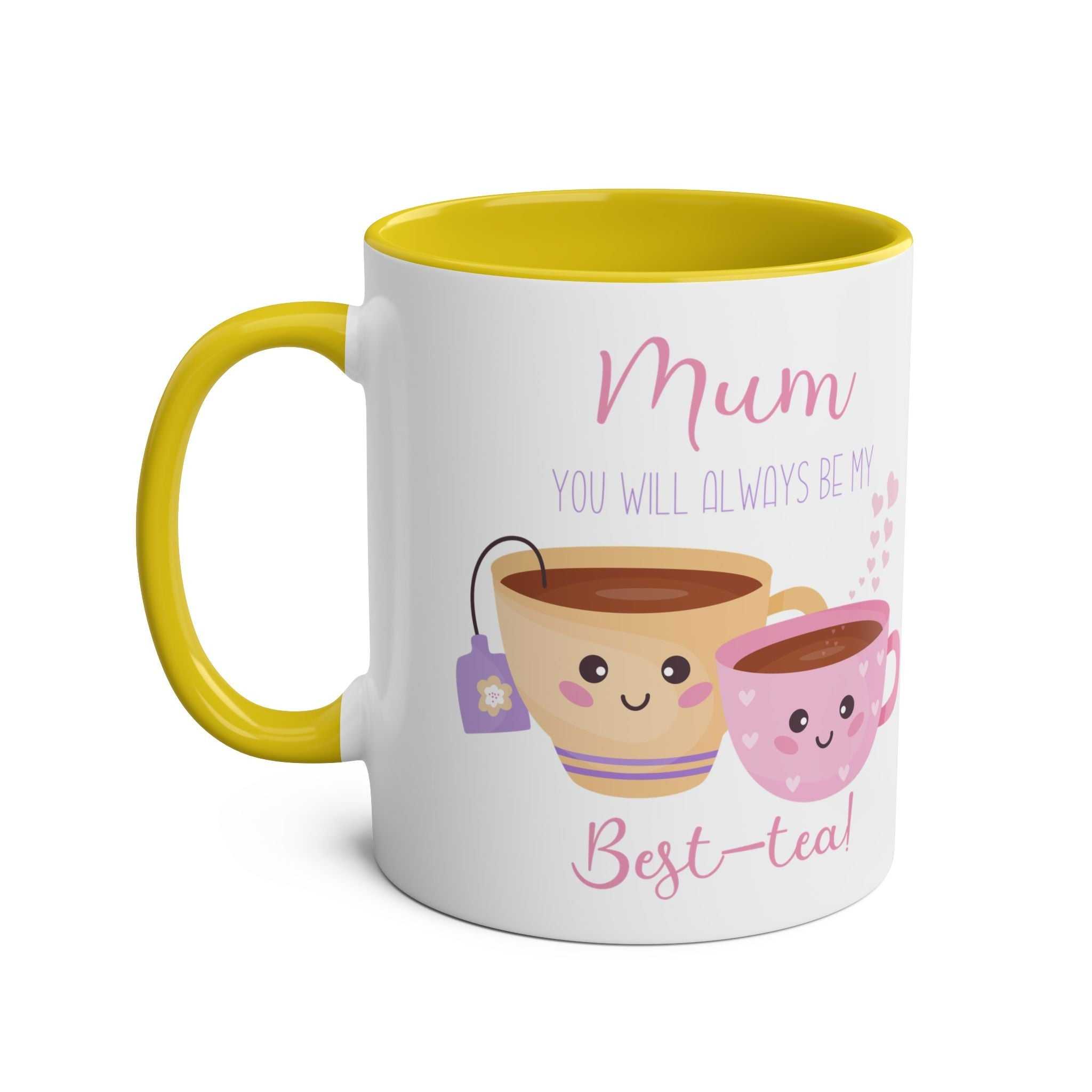 Best Tea Mum Ever Mothers Day mug with cute tea cup design and yellow interior.