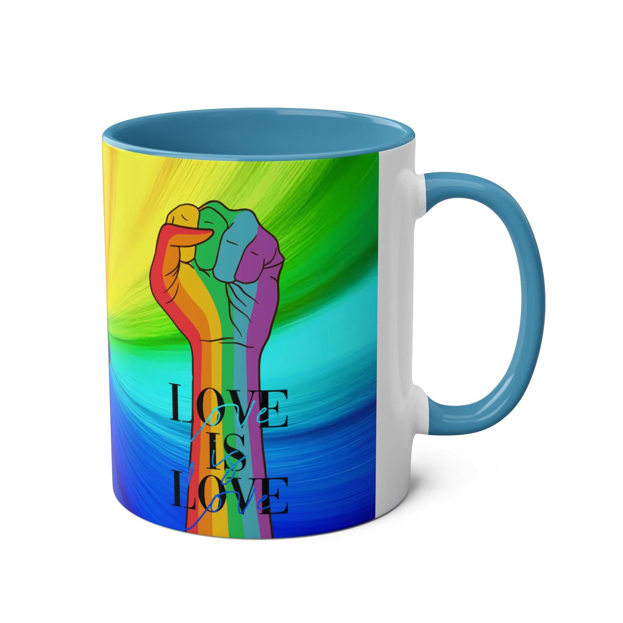 LGBTQ+ Pride mug with vibrant rainbow design and "Love is Love" message, ceramic, glossy finish, 11oz, dishwasher and microwave safe.