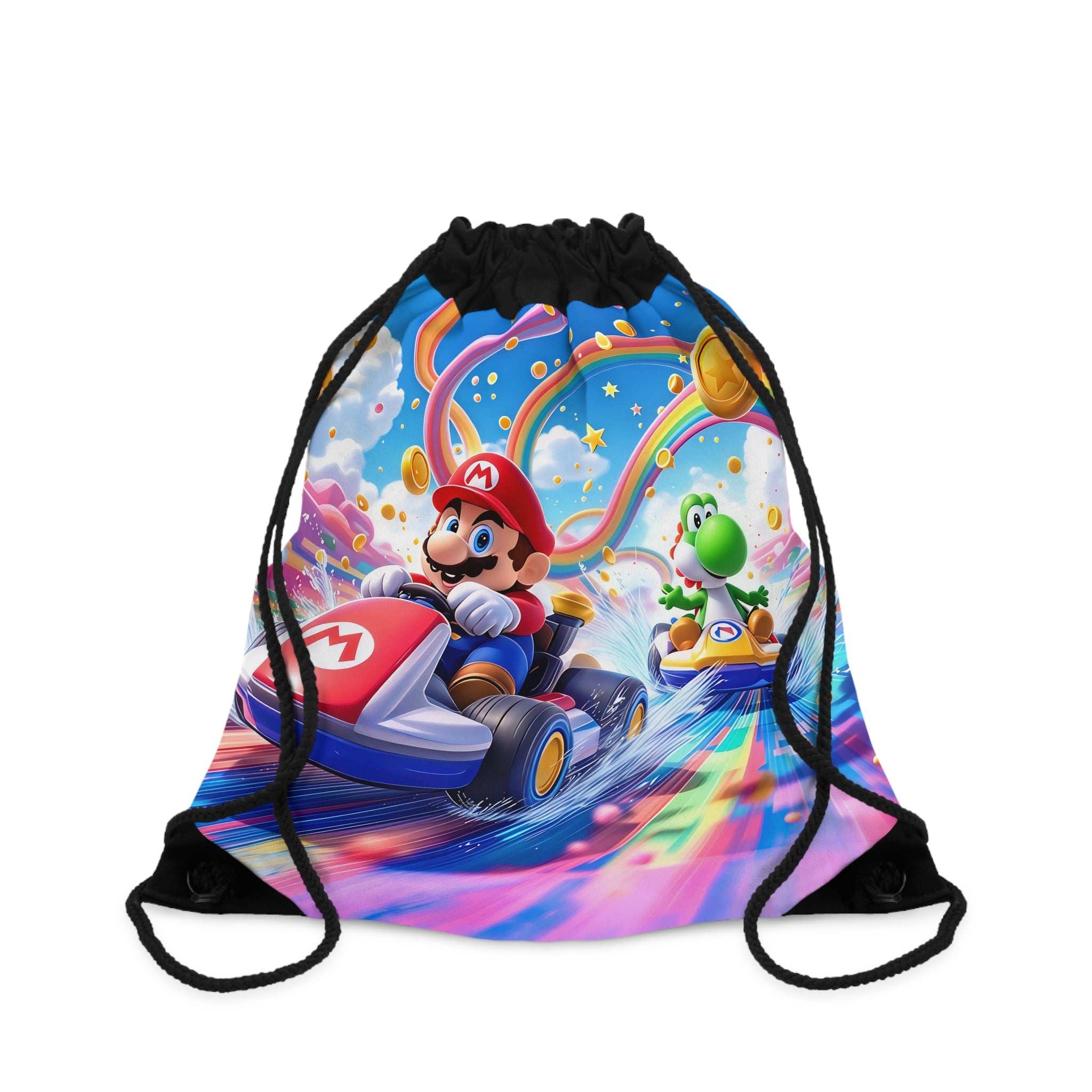 Mario themed drawstring bag with vibrant racing game design featuring Mario and Yoshi, lightweight durable polyester, easy drawstring closure.