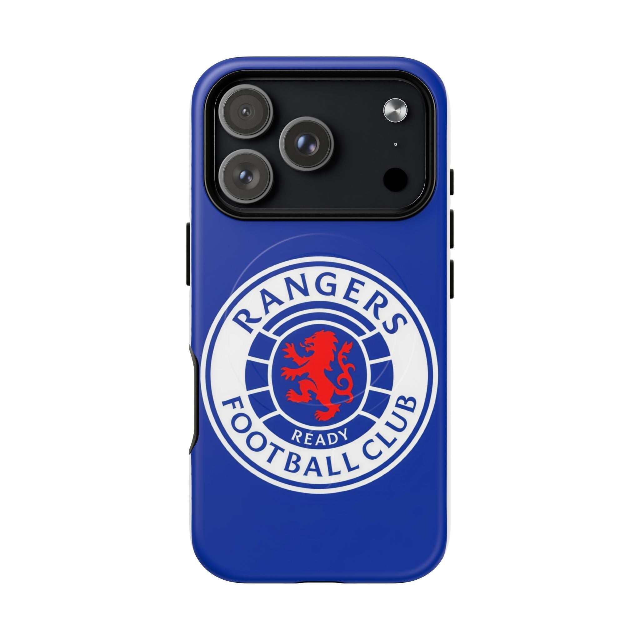 Rangers FC MagSafe iPhone case in royal blue with club crest, dual-layer protection, and MagSafe compatibility