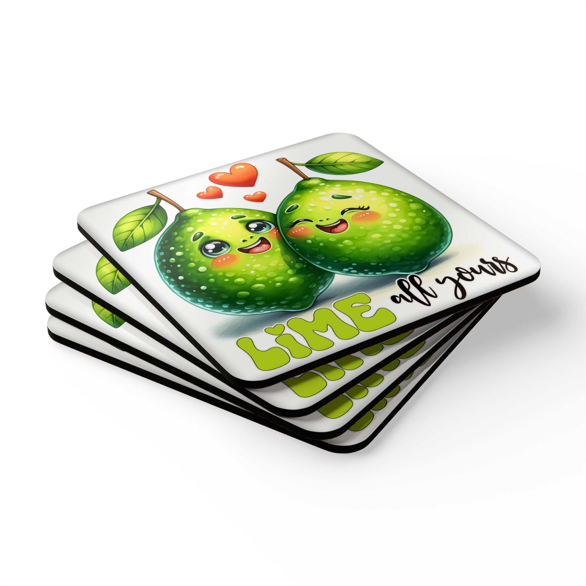 Lime All Yours Coaster Set with vibrant lime design and playful illustrations stacked on a table.