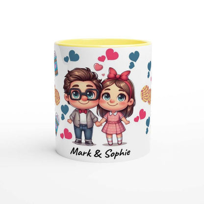 Personalised Valentine's Day mug with cute couple illustration, customizable name, and vibrant design.