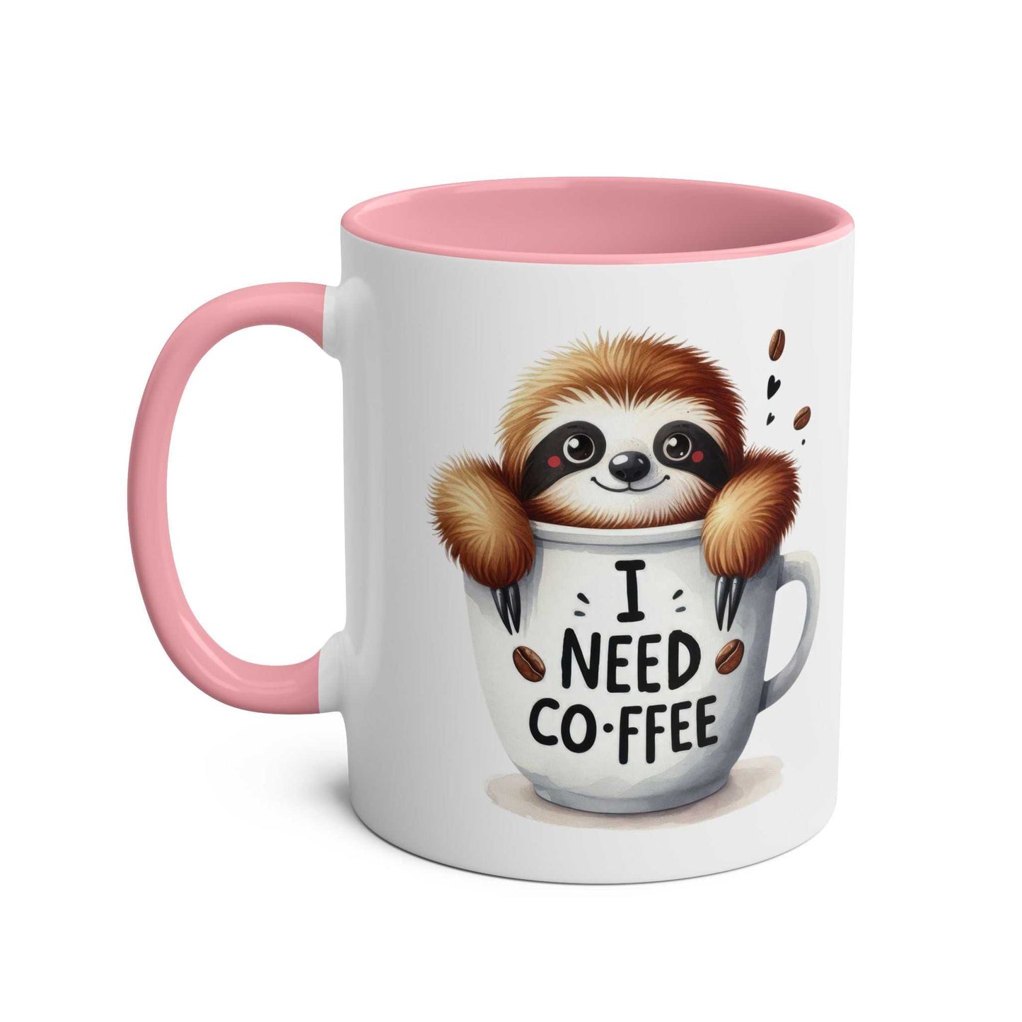 cute sloth coffee mug with pink handle and rim