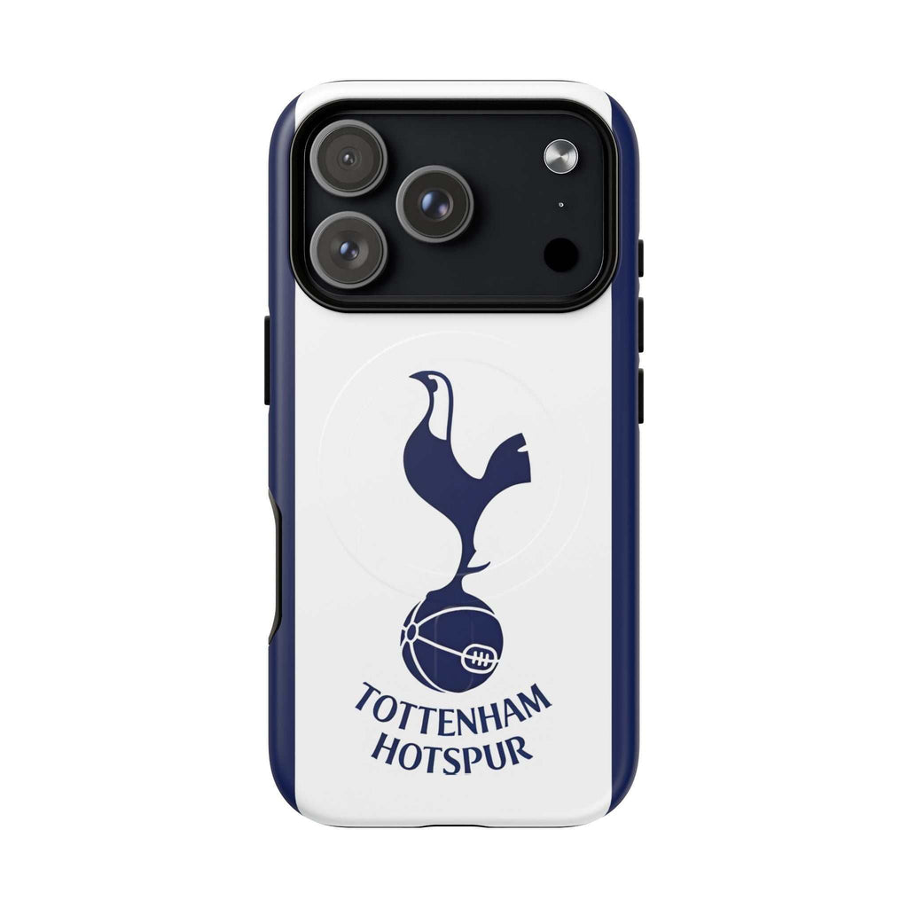 Tottenham FC MagSafe iPhone case with navy and white club crest, dual-layer protection, and MagSafe compatibility